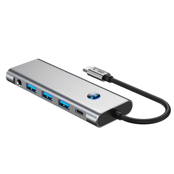 9in1 centrmezgla adapteris USB-C USB-A HDMI SD TF PD 100W mini ligzda 3.5 4K 60Hz - pelēks
