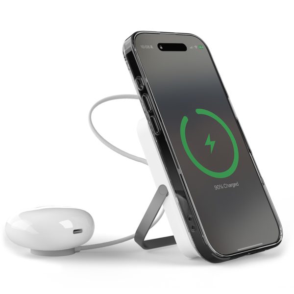 10000mAh USB-C MagSafe bezvadu pārnēsājamais akumulators ar statīvu - balts