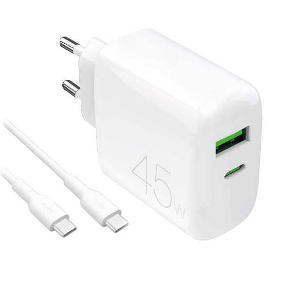 USB-C USB-A PD sienas lādētājs ar 45 W USB-C kabeli - balts