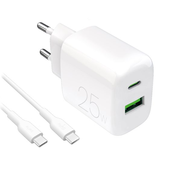 USB-A USB-C sienas lādētājs ar USB-C kabeli 25W 1.2m - balts