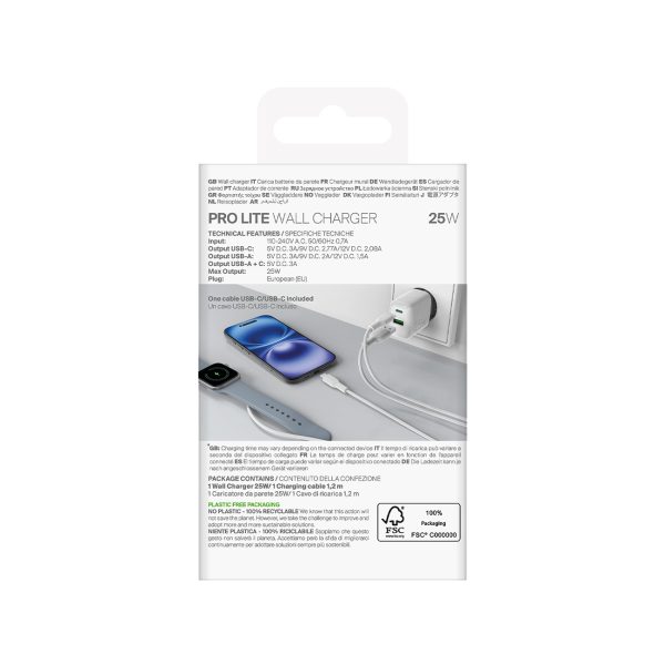 USB-A USB-C sienas lādētājs ar USB-C kabeli 25W 1.2m - balts