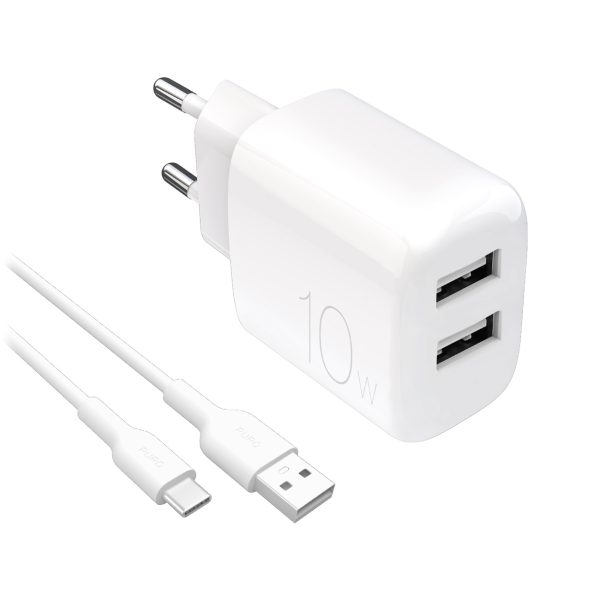 2x USB-A PROLITE 10W sienas lādētājs ar 1,2 m USB-A - USB-C kabeli - balts