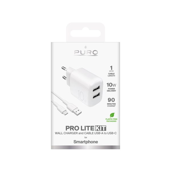 2x USB-A PROLITE 10W sienas lādētājs ar 1,2 m USB-A - USB-C kabeli - balts