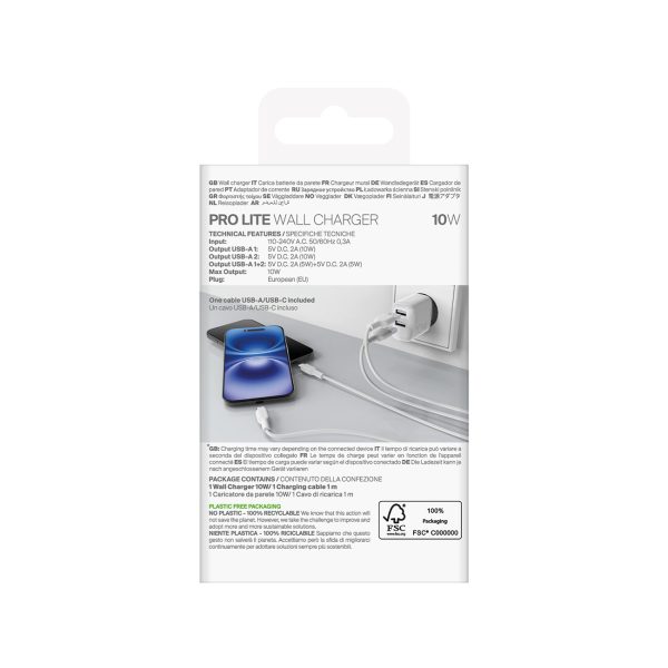 2x USB-A PROLITE 10W sienas lādētājs ar 1,2 m USB-A - USB-C kabeli - balts