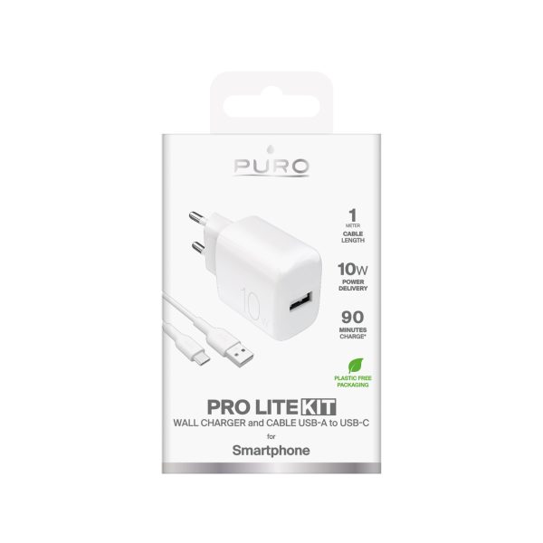 PROLITE 10W USB-A sienas lādētājs ar 1.2m USB-A - USB-C kabeli - balts