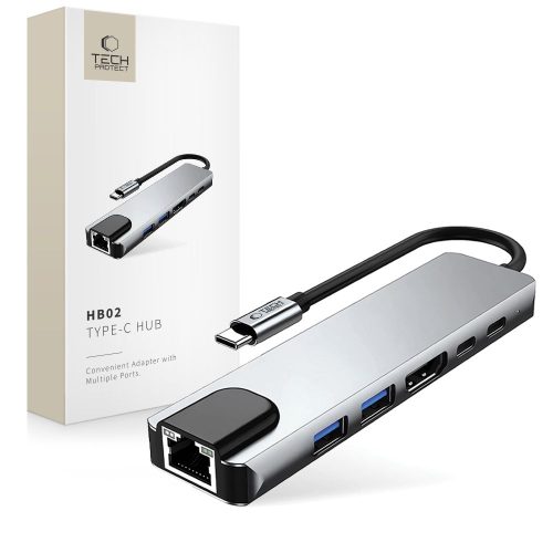 6in1 centrmezgla adapteris USB-C USB-A HDMI RJ45 4K 30Hz PD 100W - pelēks