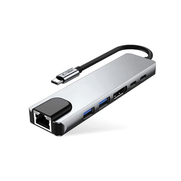 6in1 centrmezgla adapteris USB-C USB-A HDMI RJ45 4K 30Hz PD 100W - pelēks