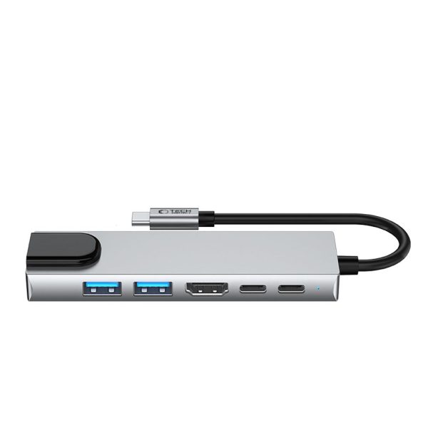 6in1 centrmezgla adapteris USB-C USB-A HDMI RJ45 4K 30Hz PD 100W - pelēks