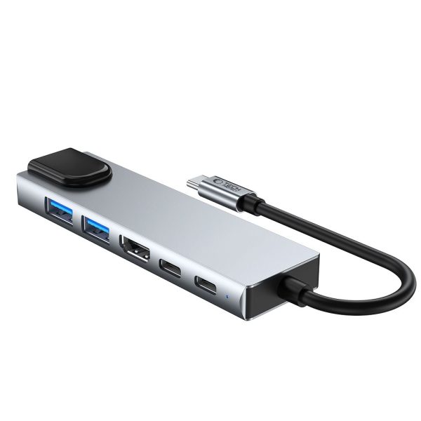 6in1 centrmezgla adapteris USB-C USB-A HDMI RJ45 4K 30Hz PD 100W - pelēks