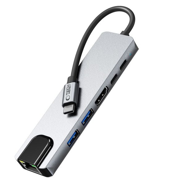 6in1 centrmezgla adapteris USB-C USB-A HDMI RJ45 4K 30Hz PD 100W - pelēks