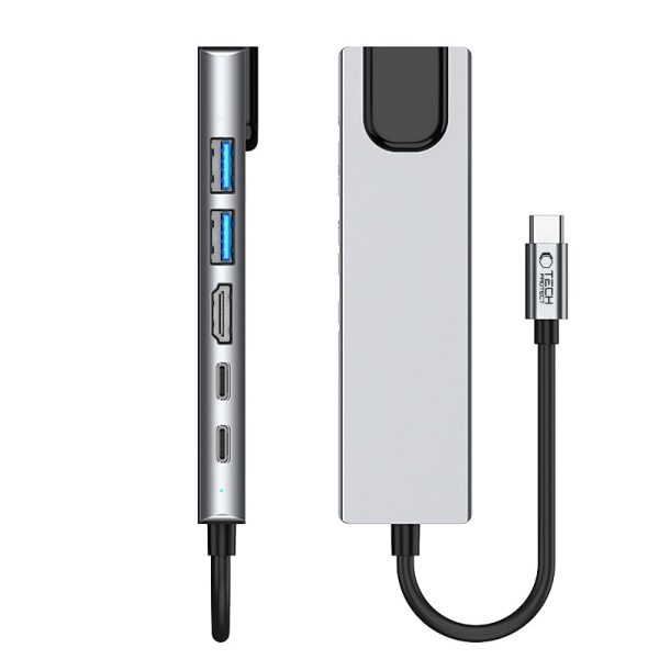 6in1 centrmezgla adapteris USB-C USB-A HDMI RJ45 4K 30Hz PD 100W - pelēks