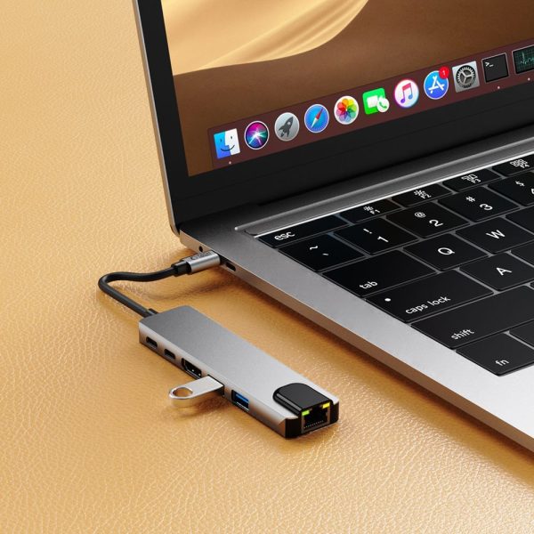 6in1 centrmezgla adapteris USB-C USB-A HDMI RJ45 4K 30Hz PD 100W - pelēks
