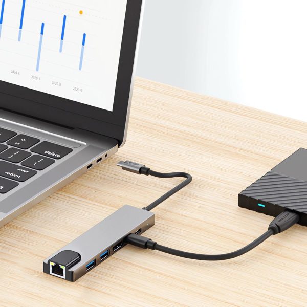 6in1 centrmezgla adapteris USB-C USB-A HDMI RJ45 4K 30Hz PD 100W - pelēks