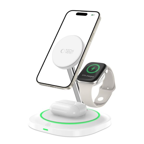 3-in-1 induktīvais lādētājs viedtālrunim, viedpulkstenim un austiņām Magnetic MagSafe - balts