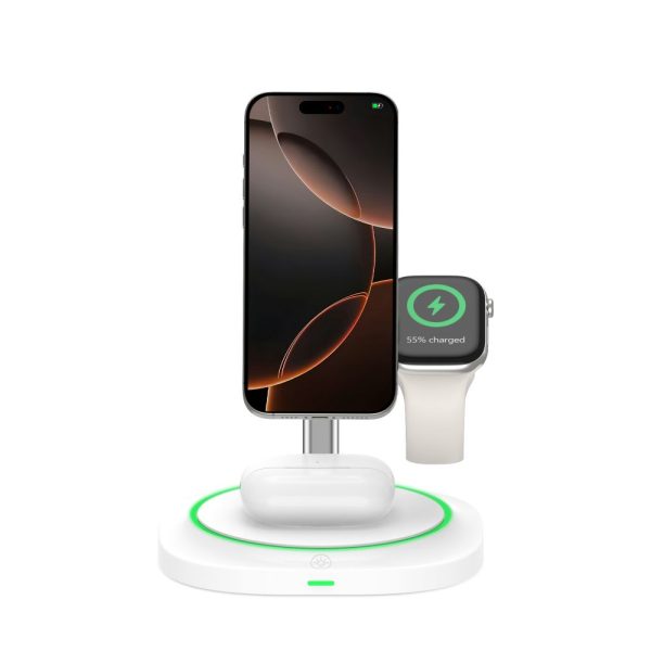 3-in-1 induktīvais lādētājs viedtālrunim, viedpulkstenim un austiņām Magnetic MagSafe - balts