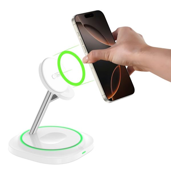 3-in-1 induktīvais lādētājs viedtālrunim, viedpulkstenim un austiņām Magnetic MagSafe - balts
