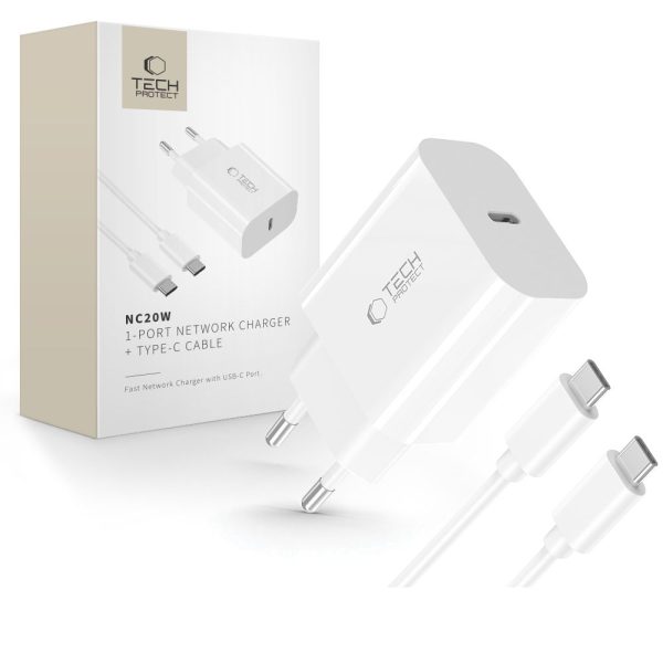 USB-C sienas lādētājs ar USB-C PD 20W kabeli - balts