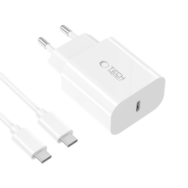 USB-C sienas lādētājs ar USB-C PD 20W kabeli - balts