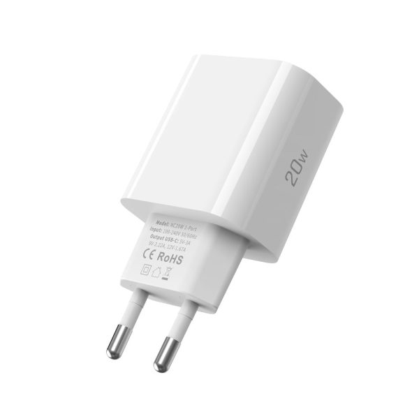 USB-C sienas lādētājs ar USB-C PD 20W kabeli - balts