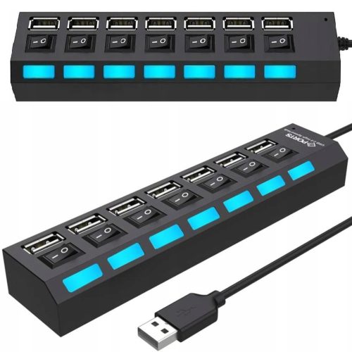 USB-A centrmezgla sadalītājs ar apgaismotiem slēdžiem, 7 porti