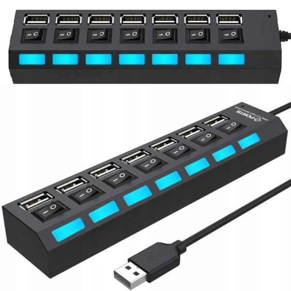 USB-A centrmezgla sadalītājs ar apgaismotiem slēdžiem, 7 porti