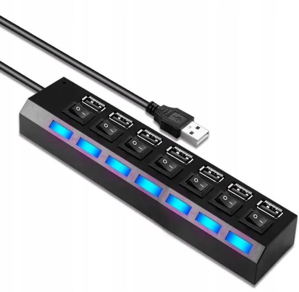 USB-A centrmezgla sadalītājs ar apgaismotiem slēdžiem, 7 porti