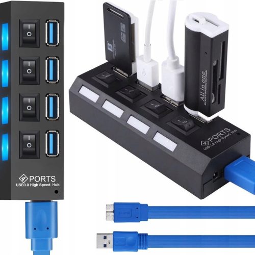 USB-A centrmezgla sadalītājs ar apgaismotiem slēdžiem, 4 porti