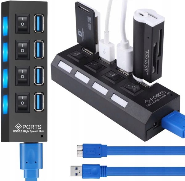 USB-A centrmezgla sadalītājs ar apgaismotiem slēdžiem, 4 porti