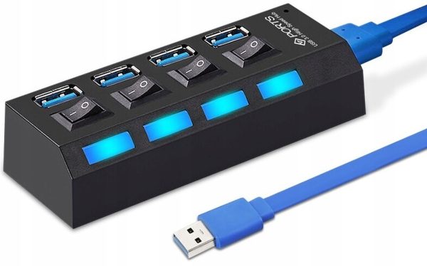 USB-A centrmezgla sadalītājs ar apgaismotiem slēdžiem, 4 porti