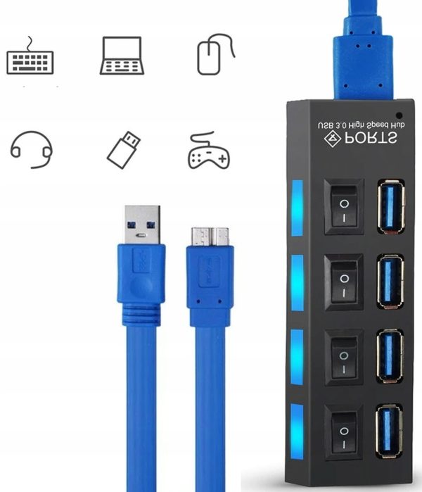 USB-A centrmezgla sadalītājs ar apgaismotiem slēdžiem, 4 porti