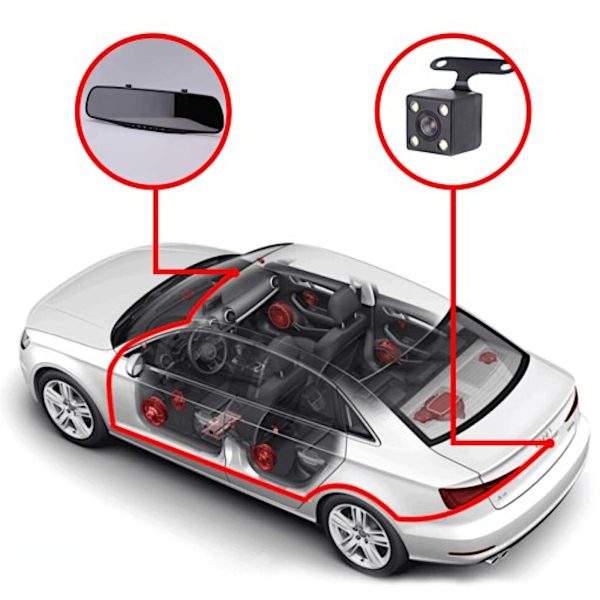 Automašīnas DVR ar atpakaļskata kameru spogulī FULL HD TF