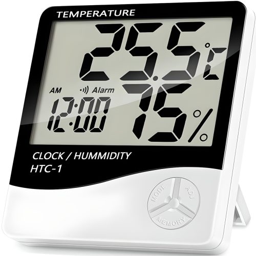 Digitālais termometrs-higrometrs ar modinātāju un datumu, stāvošs, darbināms ar baterijām, 0-50C