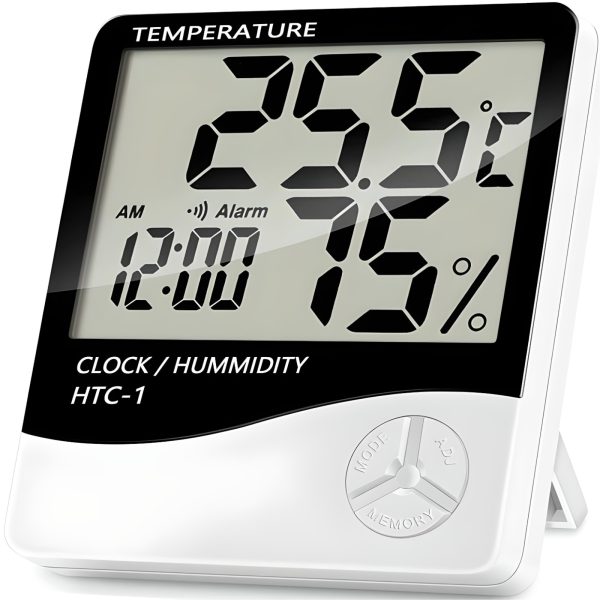 Digitālais termometrs-higrometrs ar modinātāju un datumu, stāvošs, darbināms ar baterijām, 0-50C