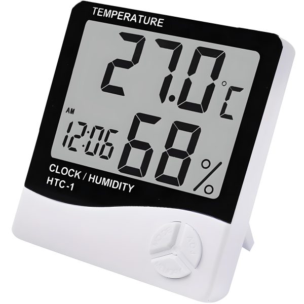 Digitālais termometrs-higrometrs ar modinātāju un datumu, stāvošs, darbināms ar baterijām, 0-50C