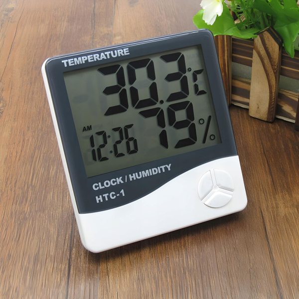 Digitālais termometrs-higrometrs ar modinātāju un datumu, stāvošs, darbināms ar baterijām, 0-50C