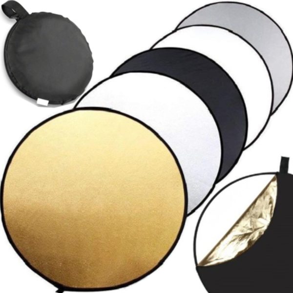 Apaļš 5-vienā fotoatstarotājs, zelta, sudraba, baltā krāsā, salokāms, diametrs 60 cm