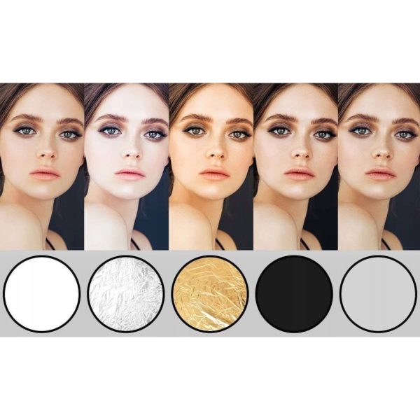 Apaļš 5-vienā fotoatstarotājs, zelta, sudraba, baltā krāsā, salokāms, diametrs 60 cm