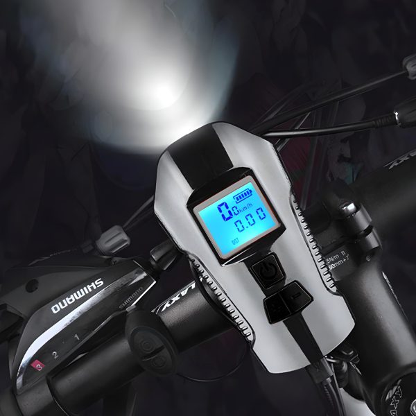 5-vienā uzlādējams velosipēda lukturis ar skaitītāju un zvaniņu 1500 mAh