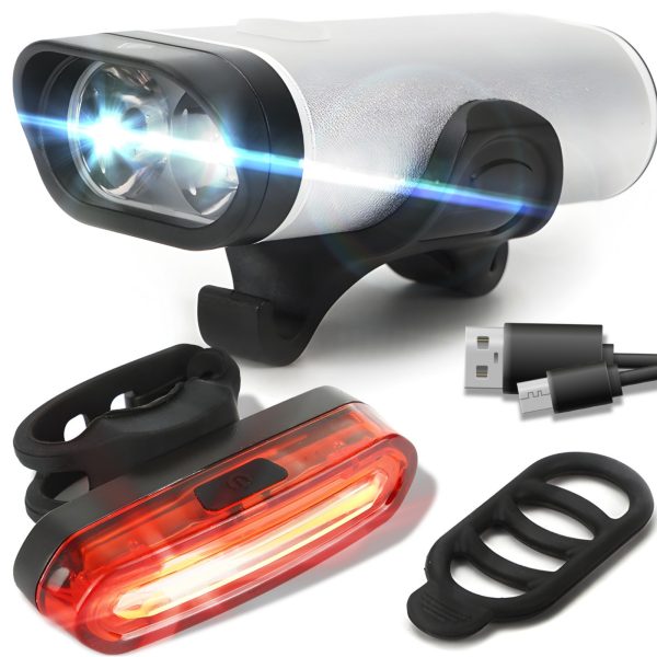 Uzlādējams velosipēda lukturis priekšējais/aizmugurējais 3 režīmi 1800 mAh - 2 gab.