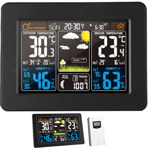 Bezvadu meteoroloģiskā stacija ar termometru, higrometru, barometru, datiem, modinātāju, LCD