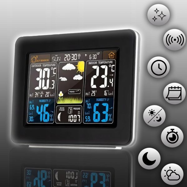 Bezvadu meteoroloģiskā stacija ar termometru, higrometru, barometru, datiem, modinātāju, LCD