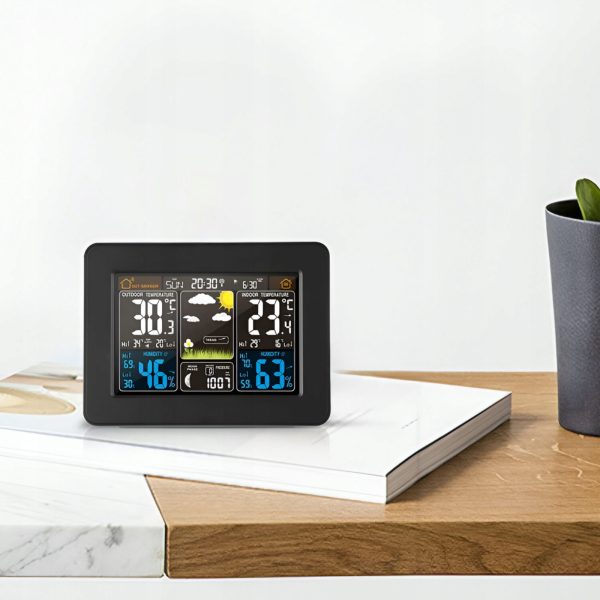 Bezvadu meteoroloģiskā stacija ar termometru, higrometru, barometru, datiem, modinātāju, LCD