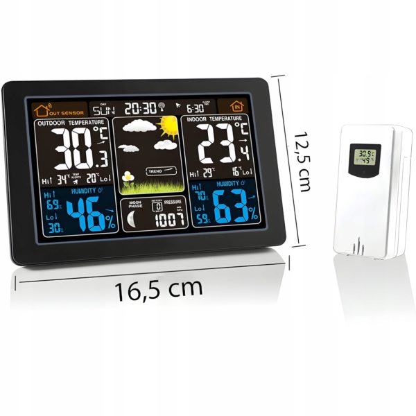 Bezvadu meteoroloģiskā stacija ar termometru, higrometru, barometru, datiem, modinātāju, LCD