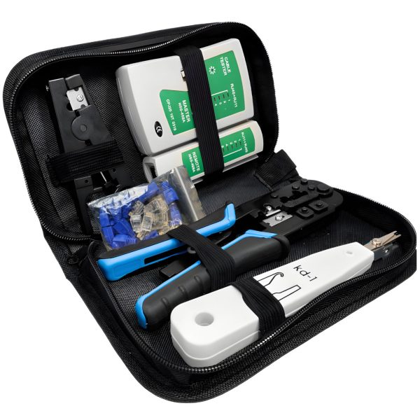 Krimpošanas instruments, interneta tīkla kabeļu testeris, RJ45 spraudņi - komplekts