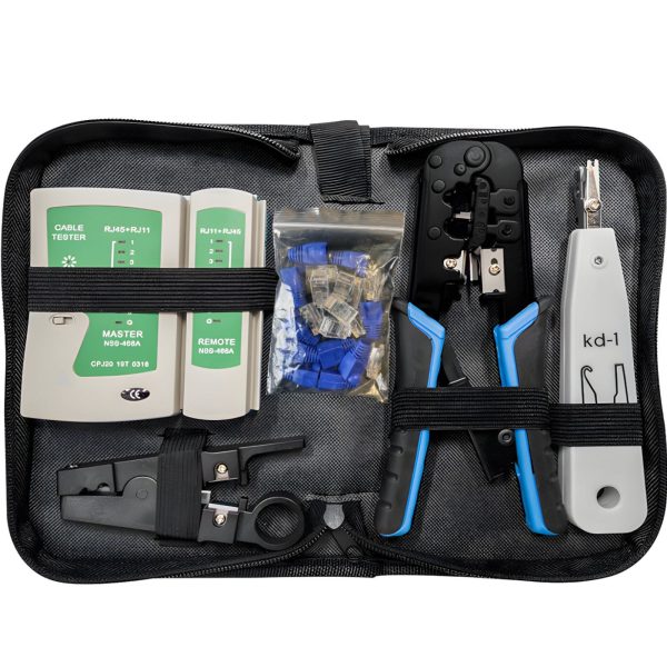 Krimpošanas instruments, interneta tīkla kabeļu testeris, RJ45 spraudņi - komplekts