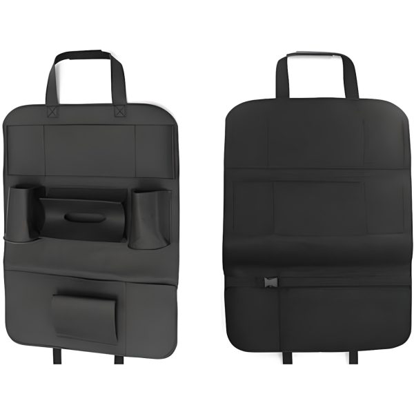 Automašīnas sēdekļa aizsarga organizators ar 7 nodalījumiem, eko āda - melns