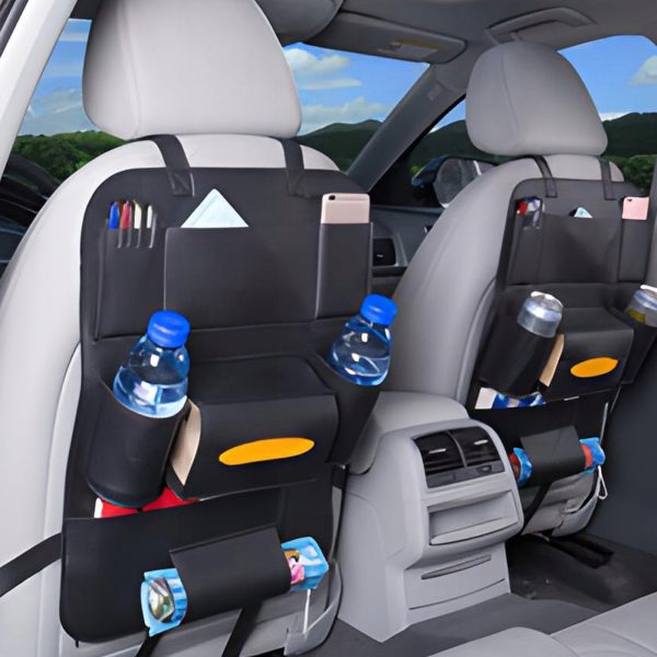 Automašīnas sēdekļa aizsarga organizators ar 7 nodalījumiem, eko āda - melns