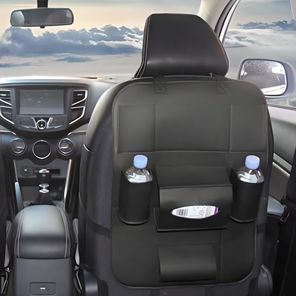 Automašīnas sēdekļa aizsarga organizators ar 7 nodalījumiem, eko āda - melns