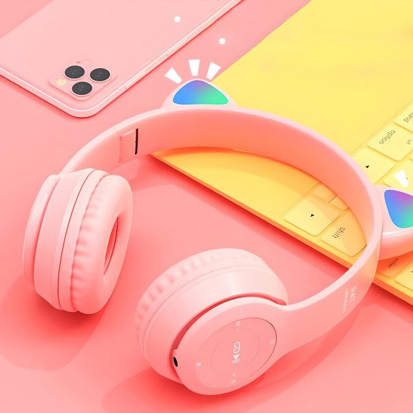 Bezvadu austiņas bērniem FM Bluetooth mirdzošas LED SD kaķis - rozā