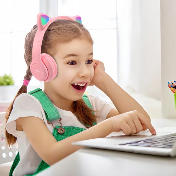 Bezvadu austiņas bērniem FM Bluetooth mirdzošas LED SD kaķis - rozā